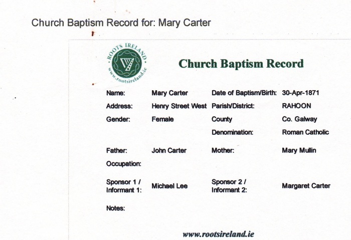 Record accessed November 9, 2011 at www.ifhf.rootsireland.ie